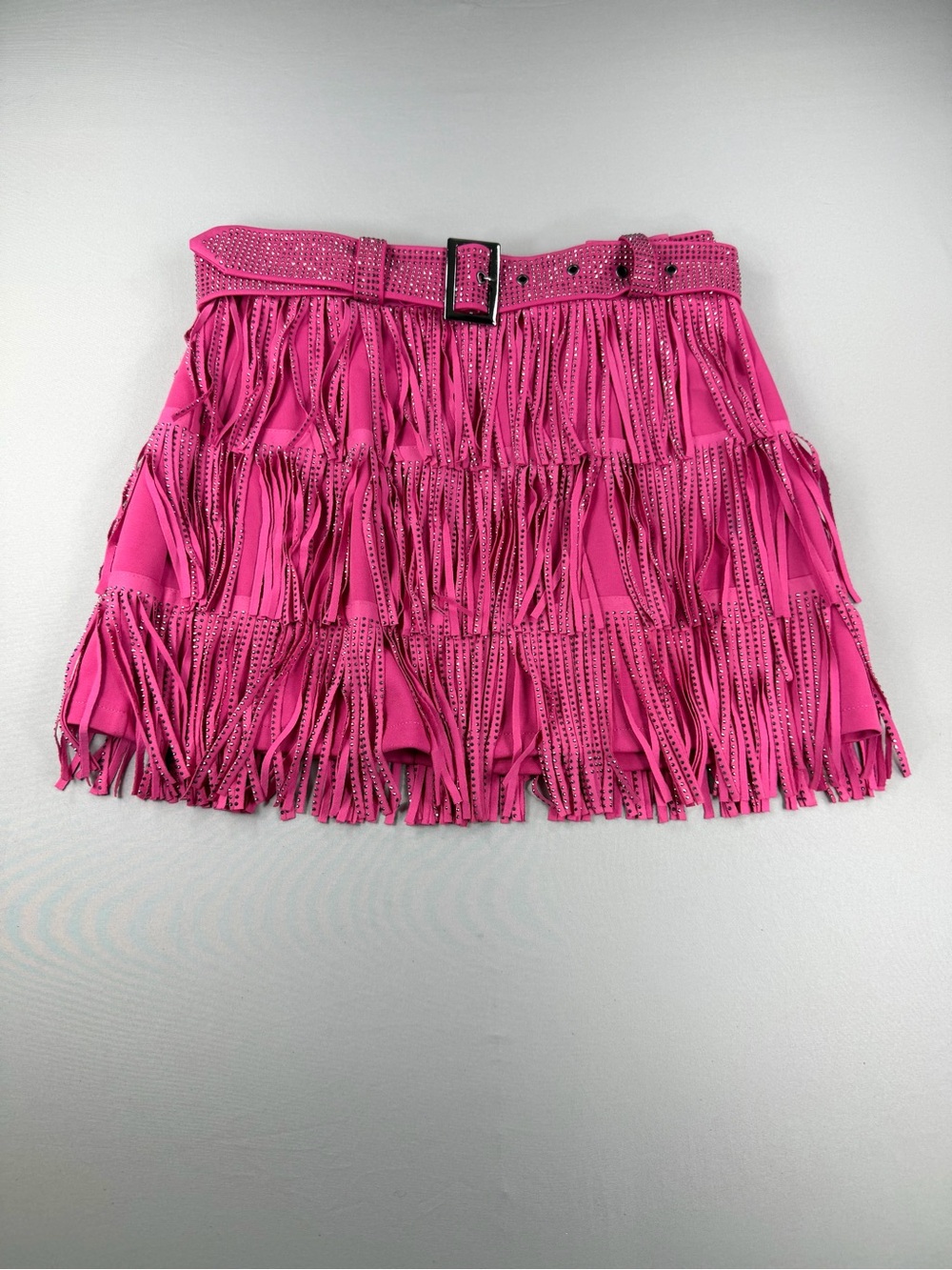 Nylon Apparel Pink Rhinestone Fringe Mini Skirt Belted Y2K Western Medium